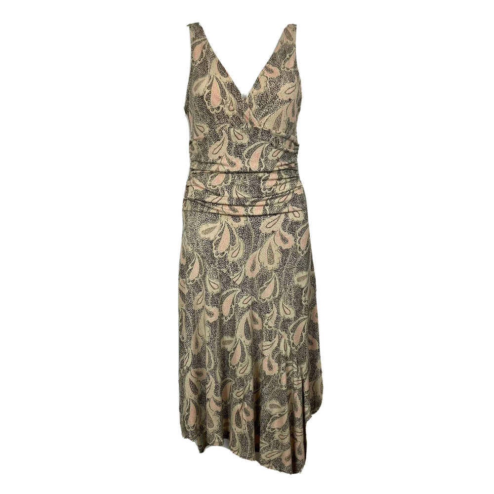 BCBG MAXAZRIA Womens Ivory Brown Paisley A Line Midi Dress Sz S Stretch V Neck